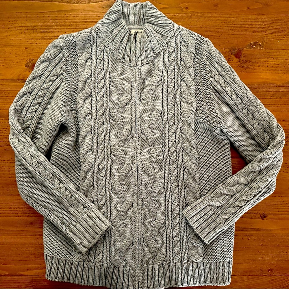 LL Bean Zip Up Cardigan Cable Knit Sweater, Womens Size L